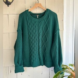 Free People Green Dream Cable Crewneck Sweater